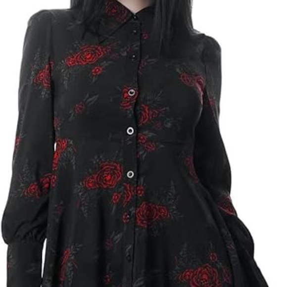 KILLSTAR PANDORA SHIRT DRESS High/Low Black Red Roses Collared Long Sleeve - Picture 4 of 9
